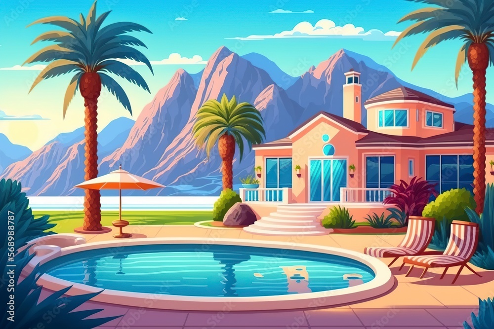 cartoon illustration, house and swimming pool with loungers by the pool, ai generative