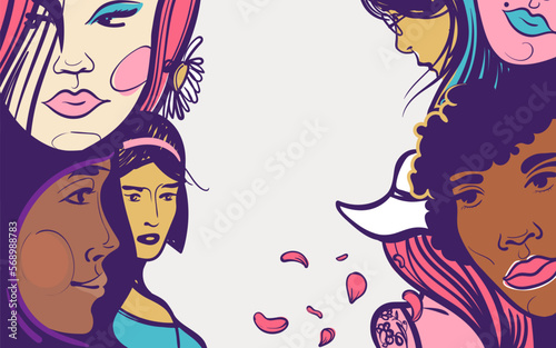 Illustration with female faces of different nationalities. Artistic background with beautiful womens in digital hand drawing style. Colorful women's portraits. Element for your design.