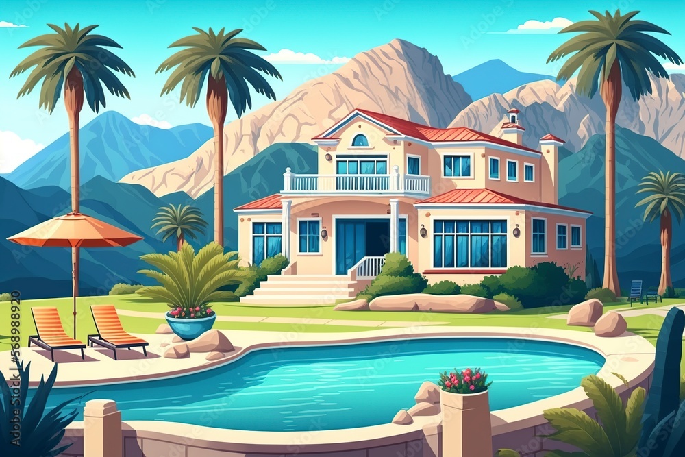 Fototapeta premium cartoon illustration, house and swimming pool with loungers by the pool, ai generative