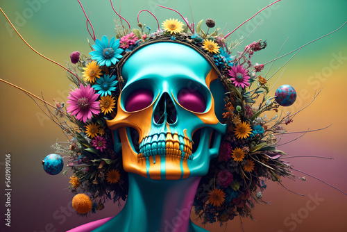 Dark fantasy design, painted human skull and lush bunch of flowers on colorful background, AI generated photo