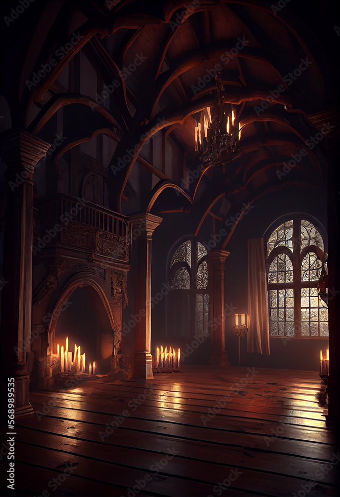 Obraz premium Ancient luxurious venetian ballroom with vaulted ceiling and beautiful windows, generative AI