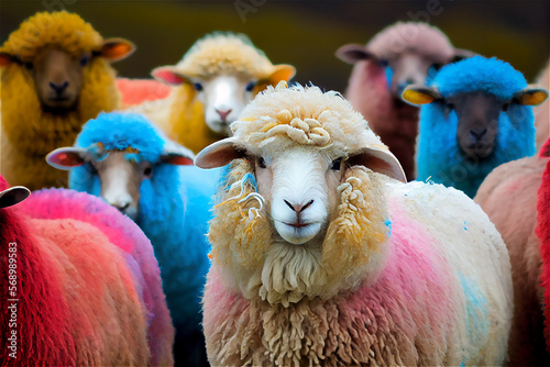 Herd of multicolored sheep ...