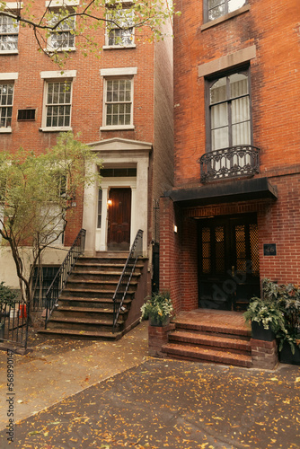Entrances of houses on urban street of brooklyn heights in New York City.