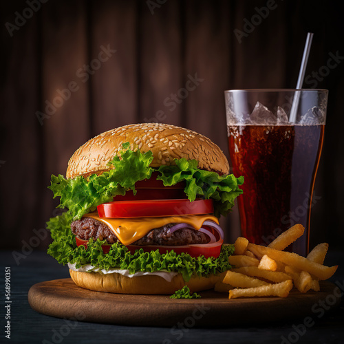 Close-up of home made burgers, Hamburger, potato fries, glass of cola with ice, fast food.