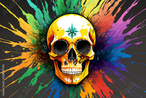 Painted human skull on colorful background of colorful paint spashes, AI generated photo