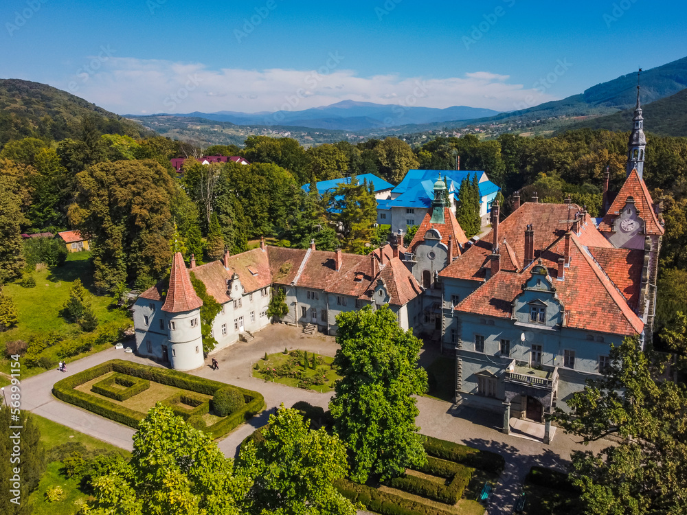 Aerial vIew by drone. Summer. Shenborn Palace Karpaty, Zakarpattia Ukraine Castles 
