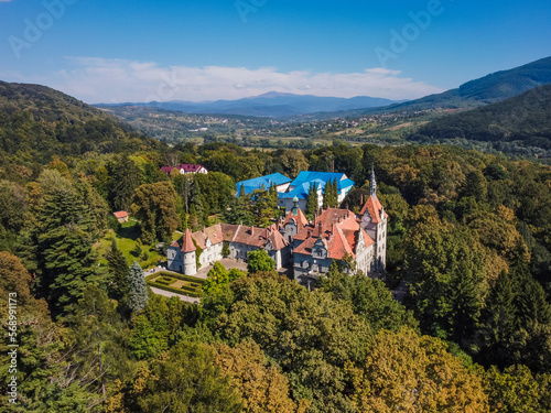 Aerial vIew by drone. Summer. Shenborn Palace Karpaty, Zakarpattia Ukraine Castles 