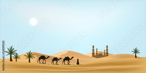 Ramadan desert background with mosque and silhouette of camels caravan.