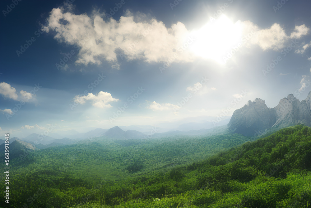 Fototapeta premium landscape with clouds and sun,Generative IA