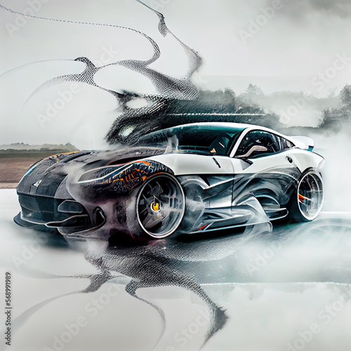 3d render of sports car with xray, double exposure effect, ai generated photo