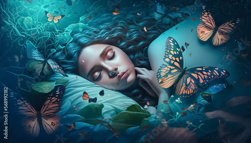 Sweet dreams. The girl sees a magical dream with butterflies. The concept of relaxation.  fantasy background. digital ai art