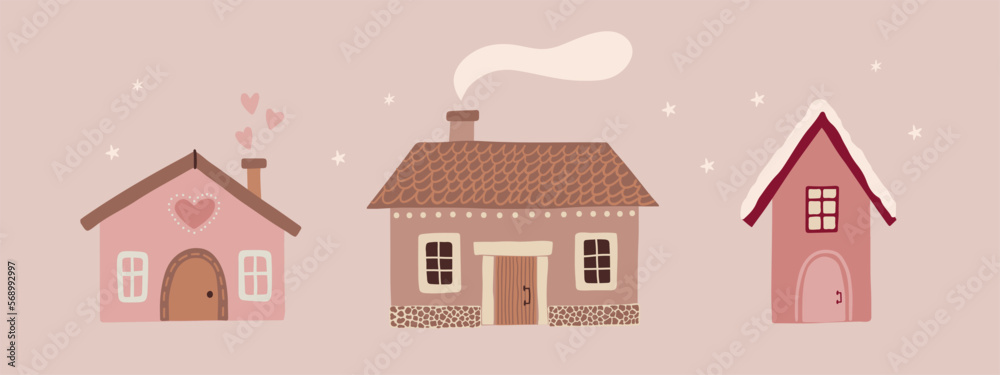 Winter cute cozy houses. Sweet doodle homes isolated on white background. Vector illustration