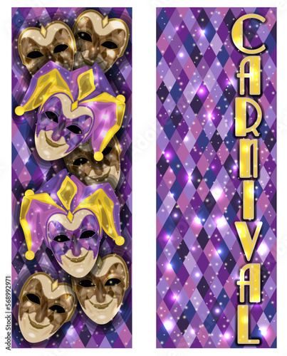 Carnival  mask Joker , banners in art deco style , vector illustration