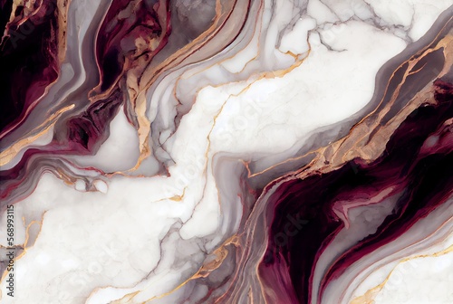 White marble with with gold and red garnet surface abstract background. Decorative acrylic paint pouring rock marble texture. Horizontal natural gold and red abstract pattern.