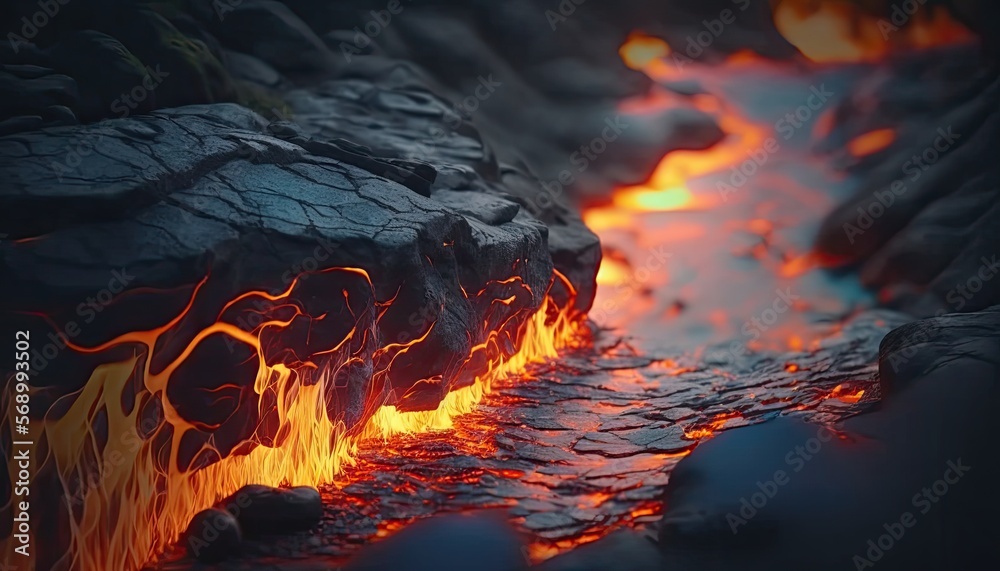 Lava flow. Volcano magma eruption. Burning fire and ash. Hot molten ...