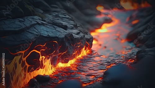Lava flow. Volcano magma eruption. Burning fire and ash. Hot molten flames. Wallpaper background.