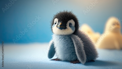 Cute stuffed animal penguin. Blue background cuddly plush. Adorable children s baby toy.