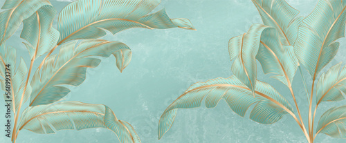 Art background with tropical palm leaves in blue color with golden elements in art line style. Luxury banner with exotic plants for decoration, print, wallpaper, textile, packaging.