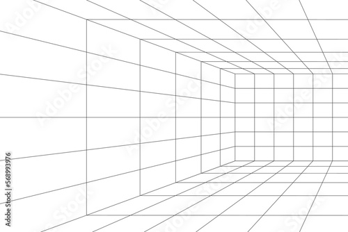 Part of room, hall, studio or portal wireframe in perspective. Box grid structure. Mesh in 3D dimension. Isometric net frame. Engineering, architecting or technical scheme
