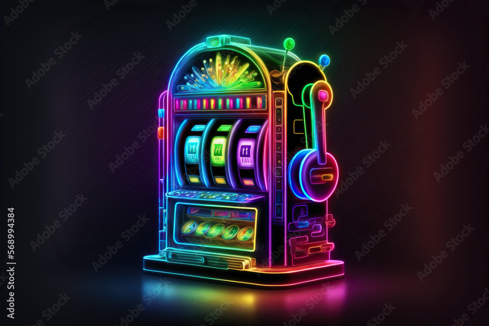Glowing Neon Casino Slot Machine With 777 Symbol On Dark , 43% OFF