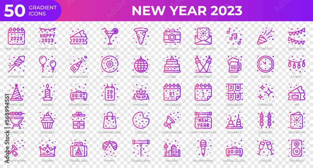 New year 2023 icons in gradient style. Calendar, Confetti, Pizza. Gradient icons collection. Holiday symbol. Vector illustration