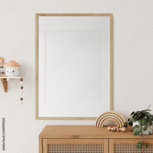Frame mockup in the children's room interior. Nursery Interior. Boho scandinavian eco style. 3d rendering, 3d illustration	
