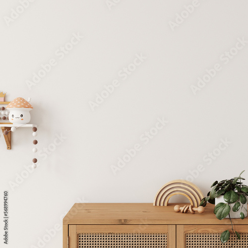 Wall mockup in the children's room interior. Nursery Interior. Boho scandinavian eco style. 3d rendering, 3d illustration	
