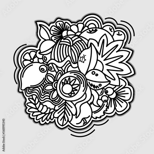 fruit and flower antistress coloring page with object contours. isolated drawing
