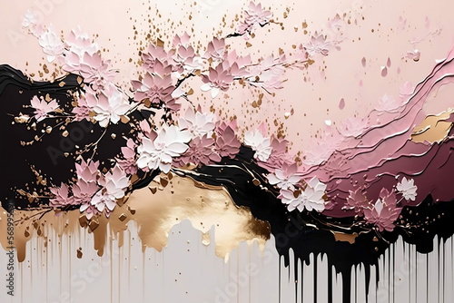 Oriental cluture splash cherry blossom with gold and sliver color wallpaper Japanese abstract art pink background AI photo