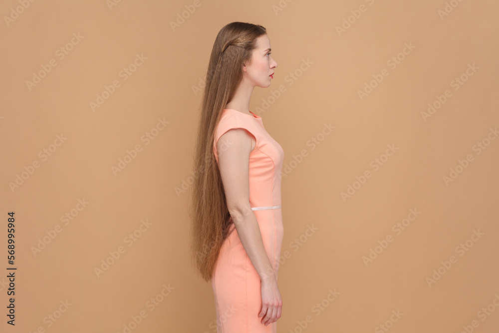 Side view portrait of serious strict woman with long hair looking ahead with bossy expression, being in bad mood, wearing elegant dress. Indoor studio shot isolated on brown background. Side view portrait of serious strict woman with long hair looking ahead with bossy expression, being in bad mood, wearing elegant dress. Indoor studio shot isolated on brown background.
