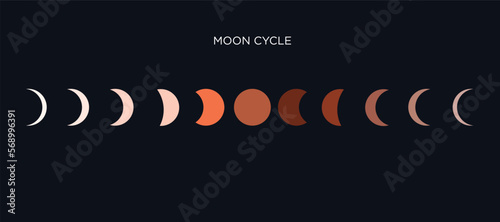 Moon phases. Vector Illustration in flat design. Colorful icons of whole astronomy cycle from new to full moon on dark blue background