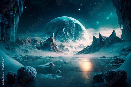 Fabulous fantasy landscape cold planet. Generative AI