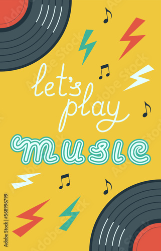 Lets Play Music Banner With Lettering And Vinyl Records Vector Illustration In Flat Style