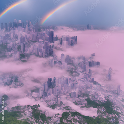 A sea of clouds with a crystal city floating in the center AI Generative