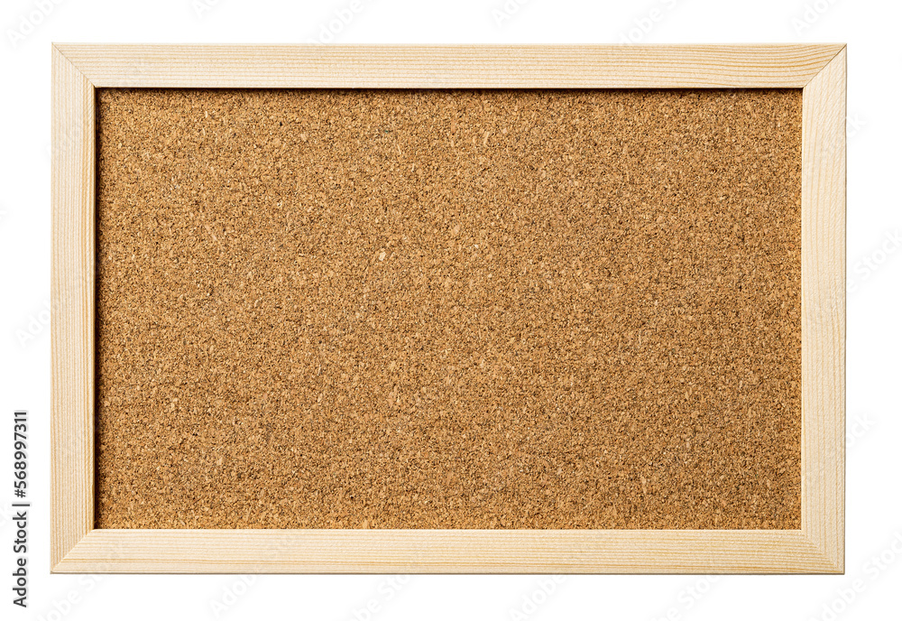 Fototapeta premium Simple wooden picture frame cutout. Cork board with pine wood frame isolated on a white background. Notice board for message, announcement bulletin board concept. Copy space.