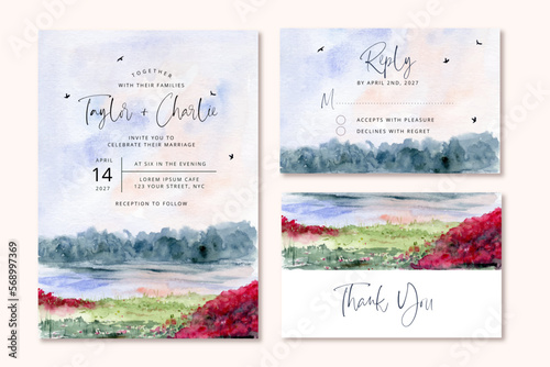 wedding invitation set with beautiful watercolor landscape