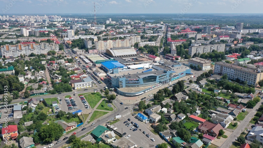 Gomel, Belarus - 10.10.2022: Panoramic view of the city of Gomel in the south of Belarus. The city of Gomel from a bird's eye view. Sights of Gomel.
