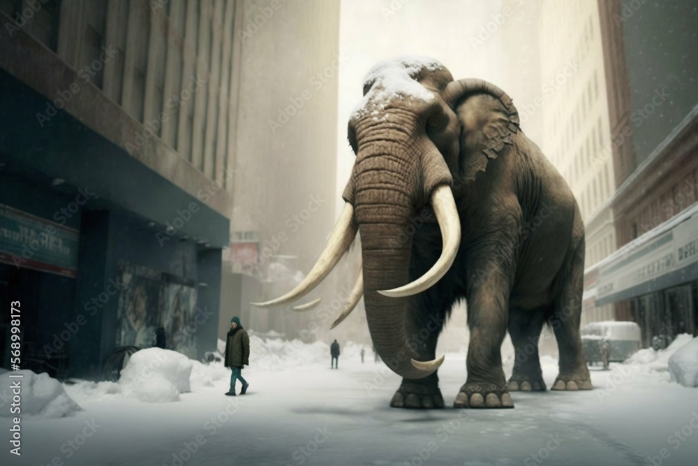 Mammoth elephant walking on the city road. Generative AI