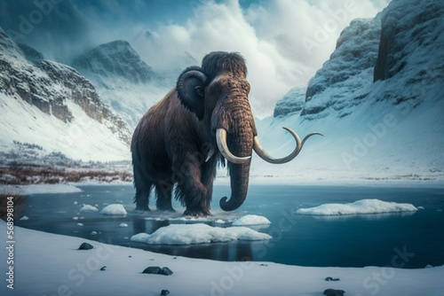 Mammoth elephant walking in snow winter mountains. Generative AI