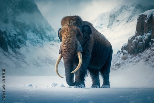 Mammoth elephant walking in snow winter mountains. Generative AI