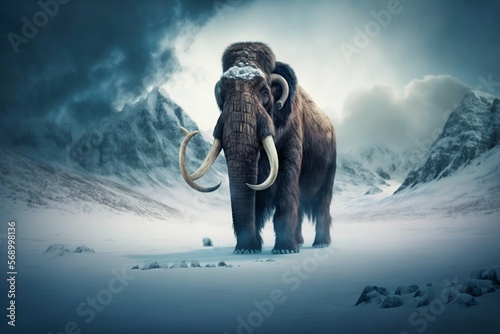 Mammoth elephant walking in snow winter mountains. Generative AI