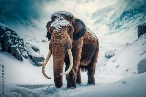 Mammoth elephant walking in snow winter mountains. Generative AI