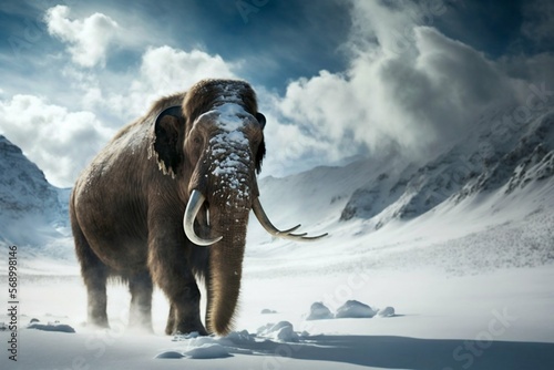 Mammoth elephant walking in snow winter mountains. Generative AI