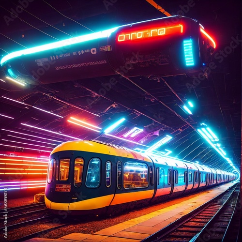 concept art of underground train tunnel in neon future city, generative art by A.I.