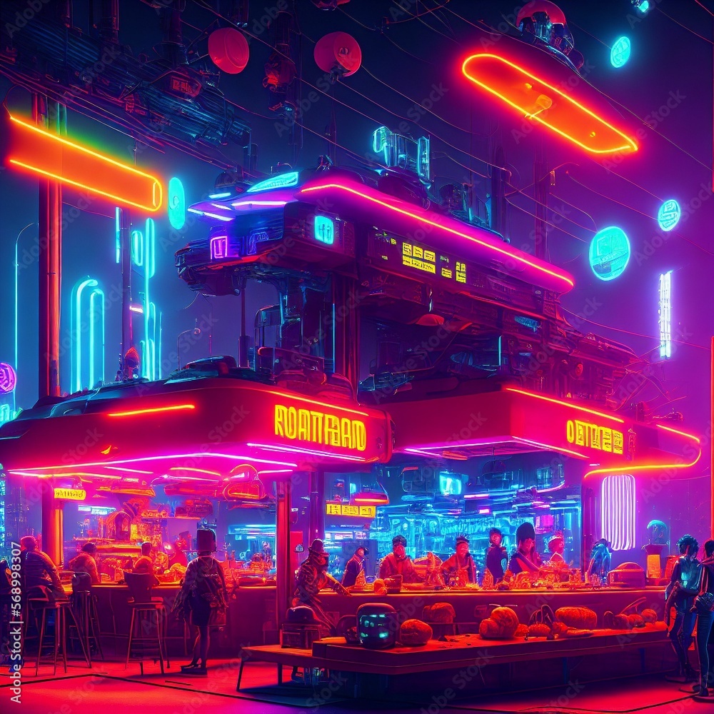 concept-art-of-local-restaurant-pub-with-people-crowd-in-neon-future