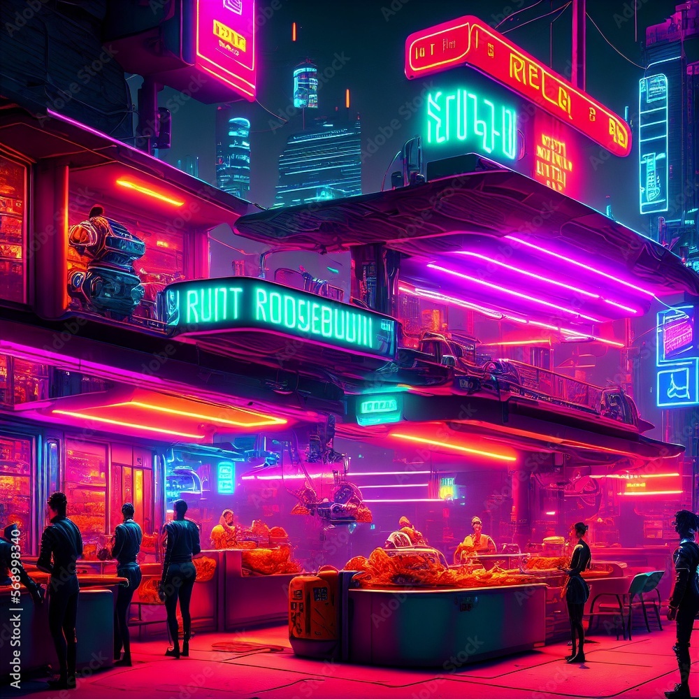 concept art of local restaurant pub with people crowd in neon future