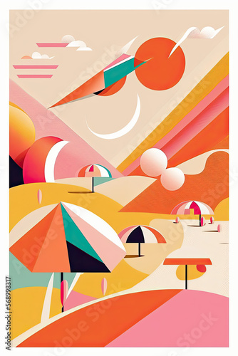 summer background with beach scene in orange tone colors, generative ai illustration