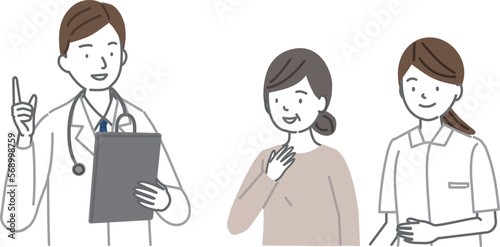 診察する医者と看護師と中高年の女性