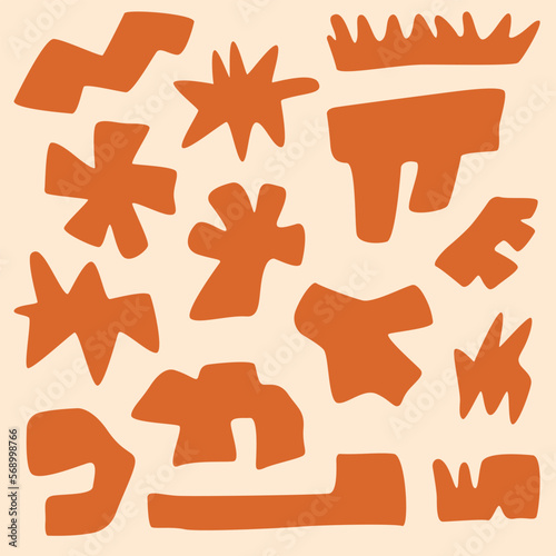 Set of abstract orange shapes doodle style, vector illustration isolated on light background. Decorative design elements collection, geometric, ornament (ID: 568998766)
