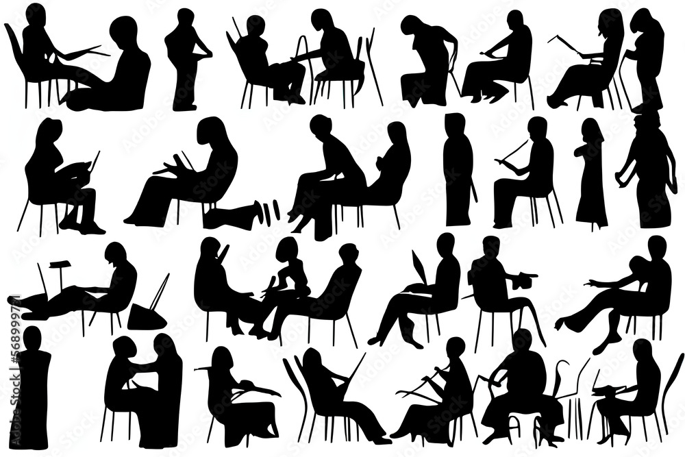 Vector illustration, Outline silhouettes of people, Contour drawing, people silhouette, Icon Set Isolated , Silhouette of sitting people, Architectural set